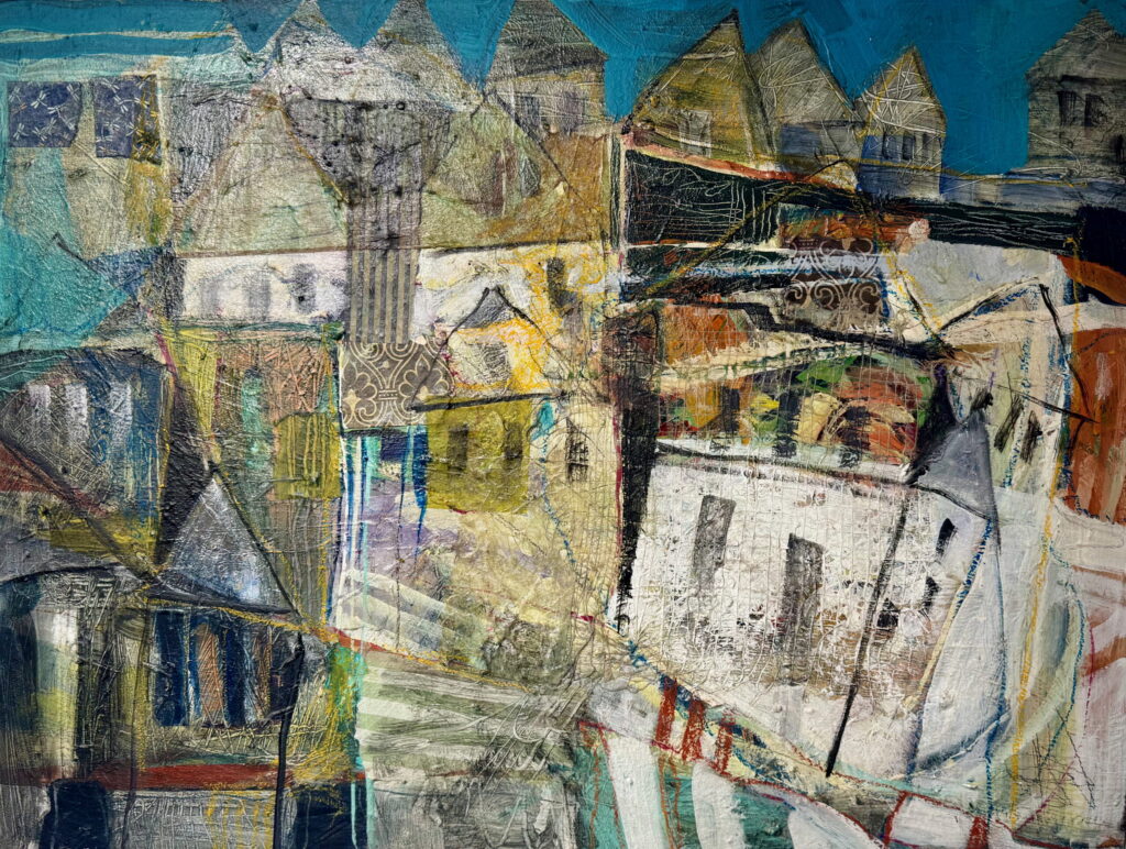 whimsical village painting